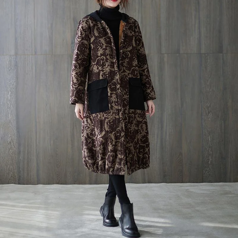 women oversize winter coats chocolate print hooded pockets coats