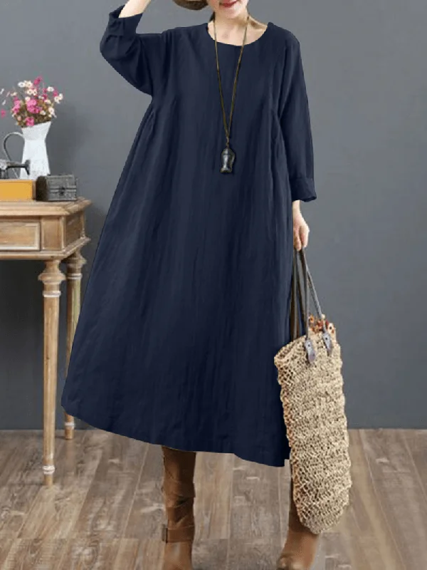 Women Cotton Solid Tie Back round Neck Long Sleeve Casual Midi Dresses