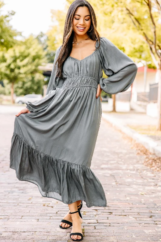 Sweet Memories Olive Green Satin Midi Dress