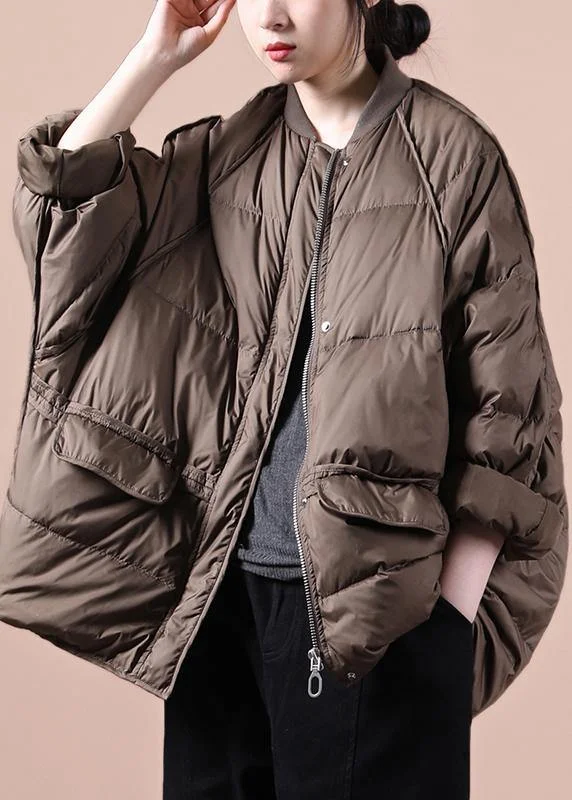 New chocolate down jacket woman oversize snow pockets zippered  coats