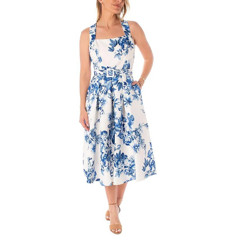 Maison Tara Womens Floral Print Belted Midi Dress