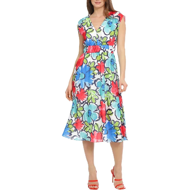 Maggy London Womens Floral V-Neck Midi Dress