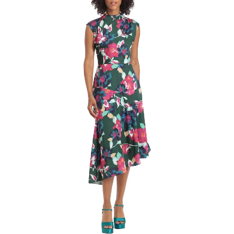 Maggy London Womens Floral Asymmetric Midi Dress