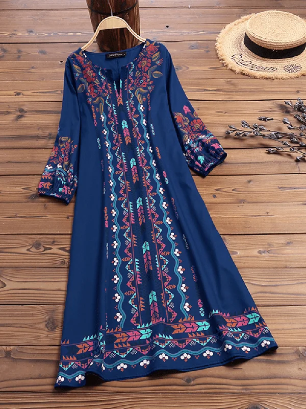 Women Vintage Floral Print V-Neck Puff Sleeve Dress