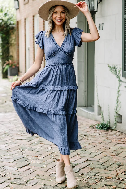 See For Yourself Navy Blue Ruffled Midi Dress