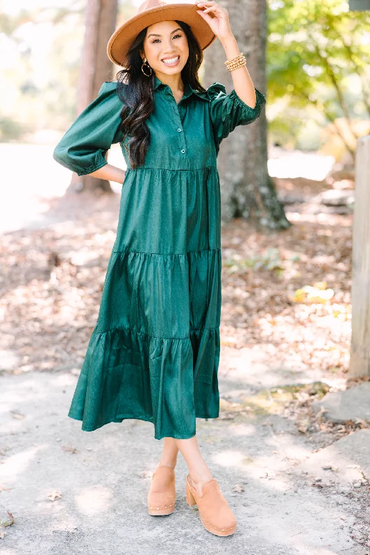 All The Love Hunter Green Satin Midi Dress