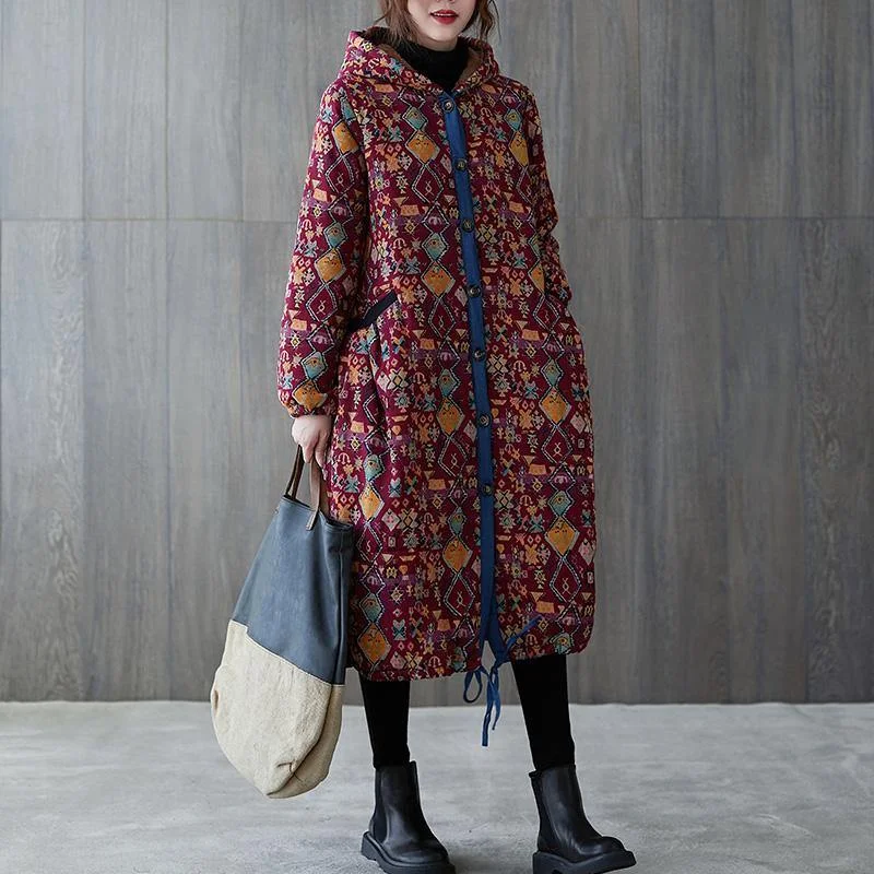 women plus size warm winter coat winter coats burgundy print hooded pockets coat