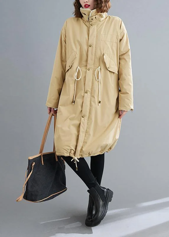 Fashion Loose fitting mid-length coats khaki Square Collar drawstring Woolen Coats