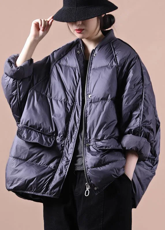 women plus size parka coats purple gray pockets zippered warm winter coat