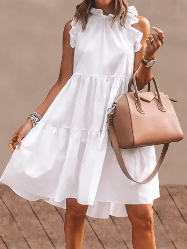 Women Solid Color Ruffles Trim Sleeveless Simple Midi Dresses