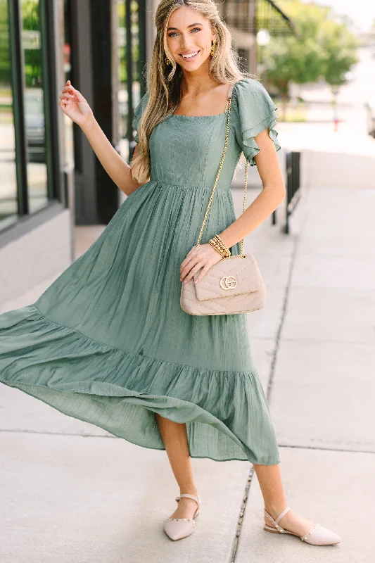 All Yours Deep Sage Green Ruffled Midi Dress