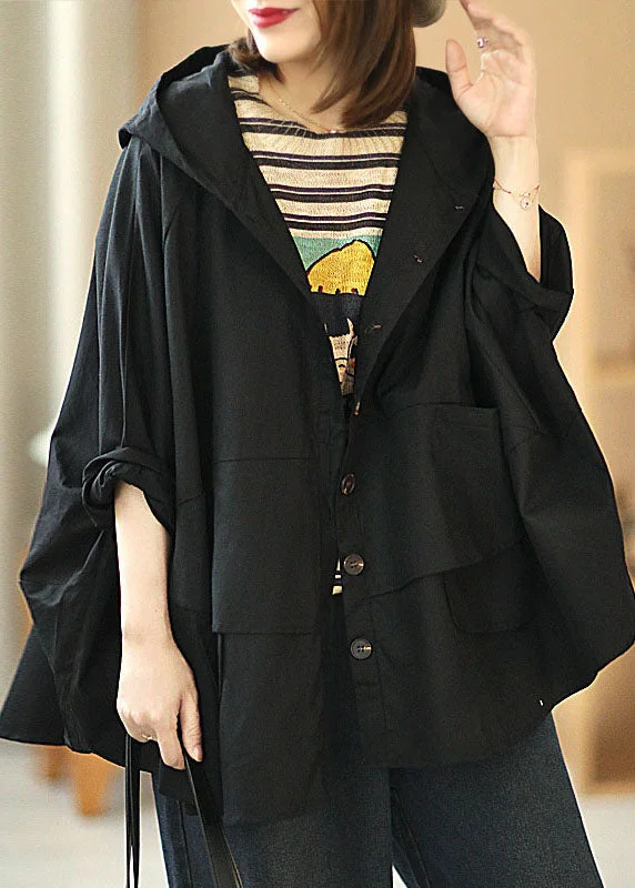 Modern Black Loose Button Pockets Fall Hoodie Coat