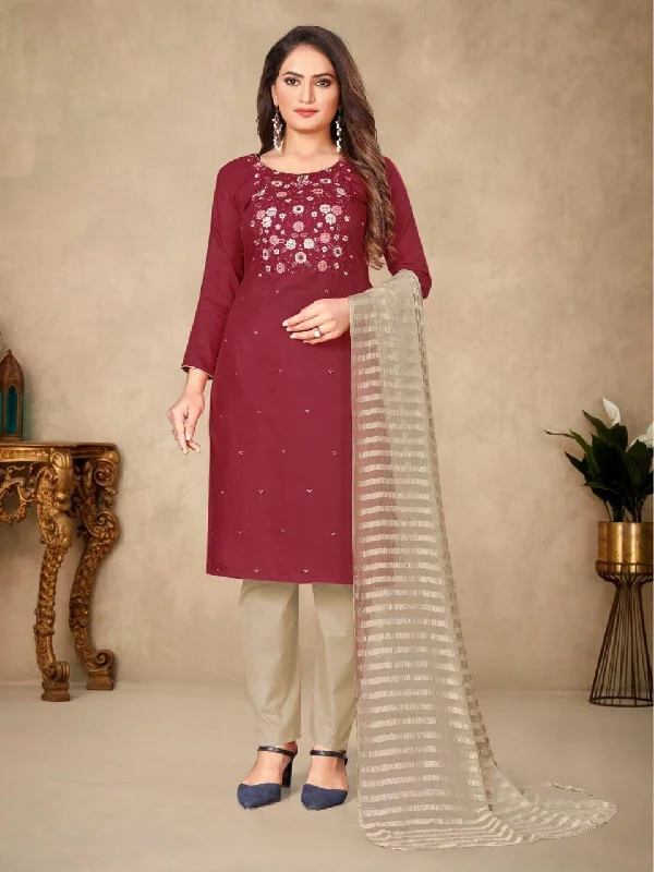 Dark Red Designer Parapara Cotton Readymade Suit