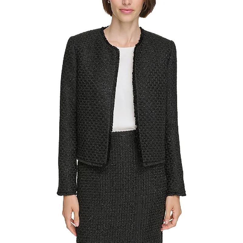 Calvin Klein Womens Tweed Fringe Open-Front Blazer