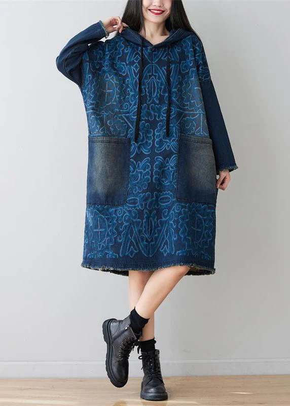 Navy Patchwork Pockets Print Denim Dress Hooded Spring