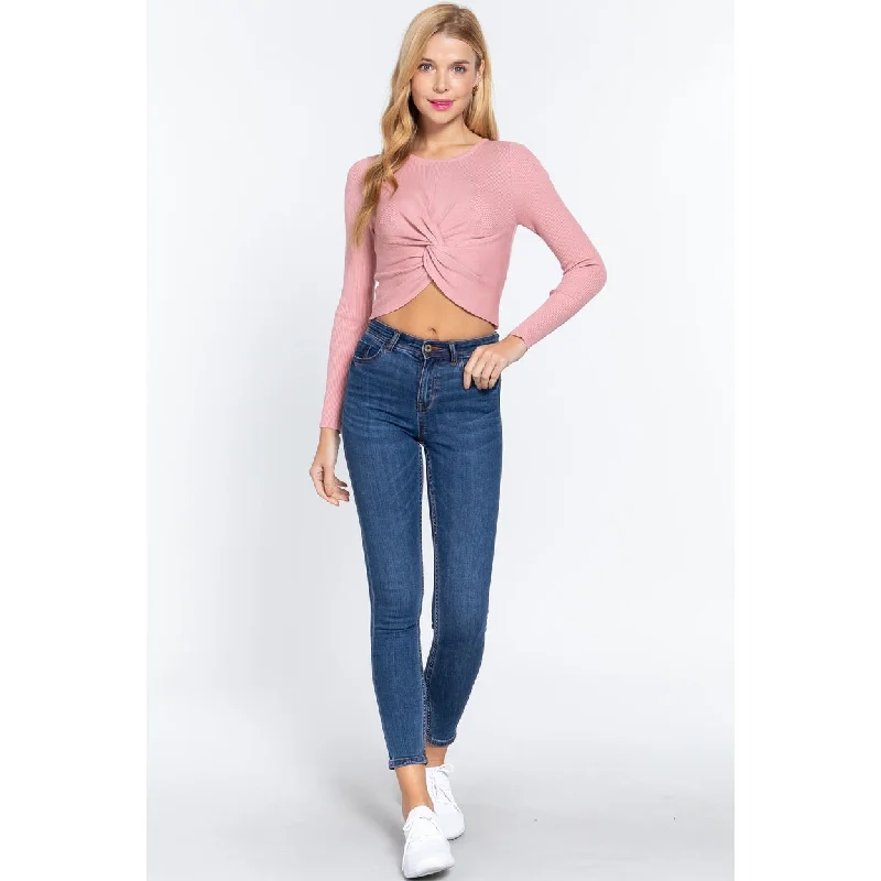 Crew Neck Knotted Crop Sweater