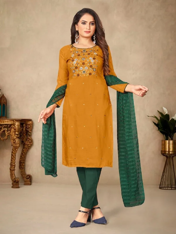 Mustard Green Designer Parapara Cotton Readymade Suit