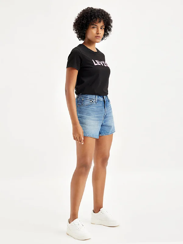 Women's Mid Rise Blue Relaxed Fit Denim Shorts