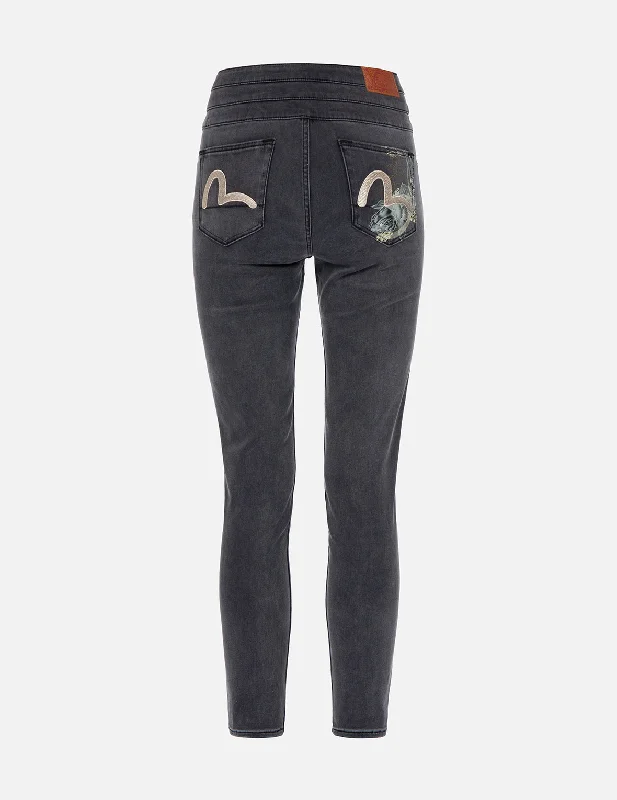 Koi Print and Seagull Embroidery Super High-Waist Skinny Jeans