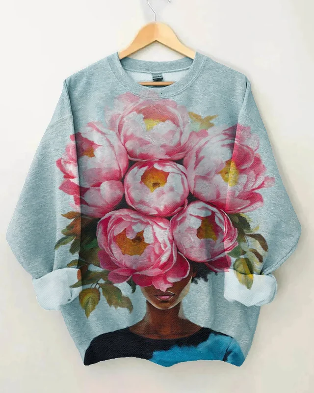 Beauty Black Woman Head Flowers Long Sleeve Sweatshirt