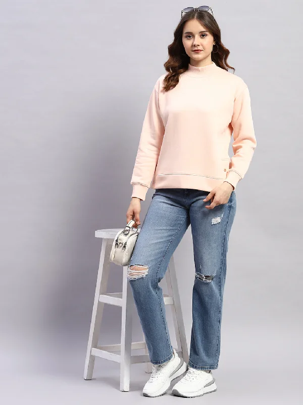 Women Peach Solid High Neck Full Sleeve Sweatshirt