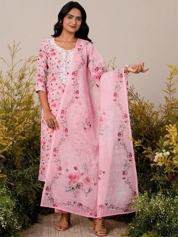 Pink Printed Linen Straight Suit With Dupatta