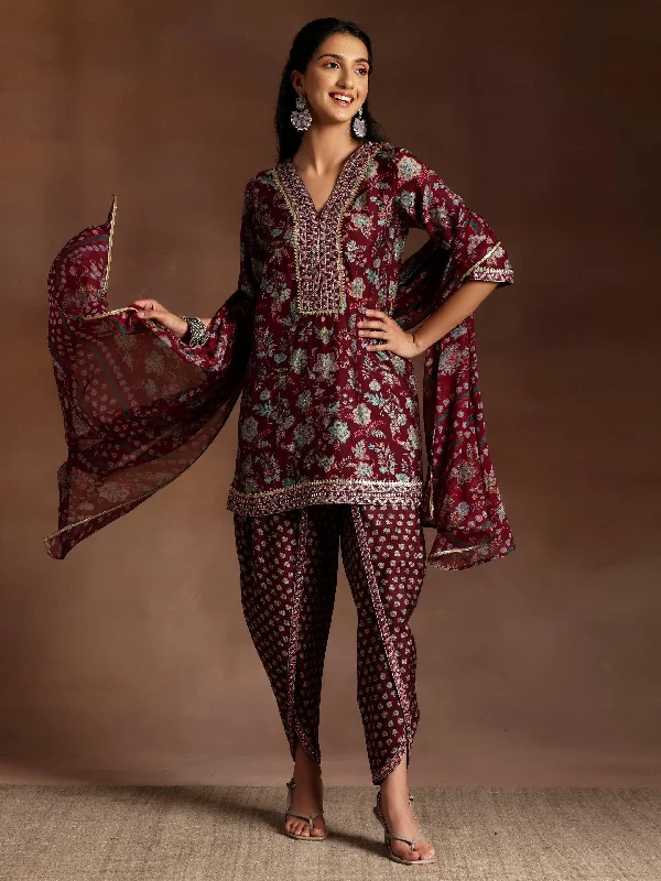 Burgundy Printed Silk Blend Straight Suit With Dupatta