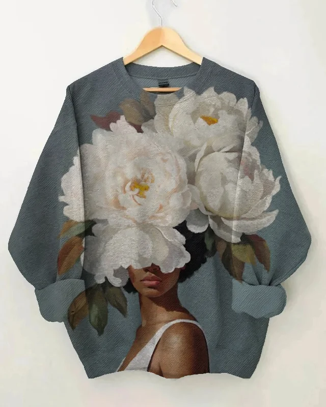 Beauty Black Womanwhite Peony Art Long Sleeve Sweatshirt