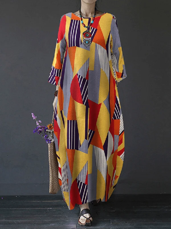 Long Sleeve O-Neck Geometry Print Loose Cotton Baggy Maxi Dress