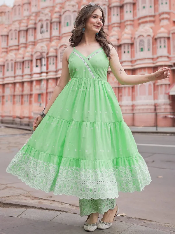 The Kiara Cut Green Self Design Cotton Anarkali Kurta With Trousers