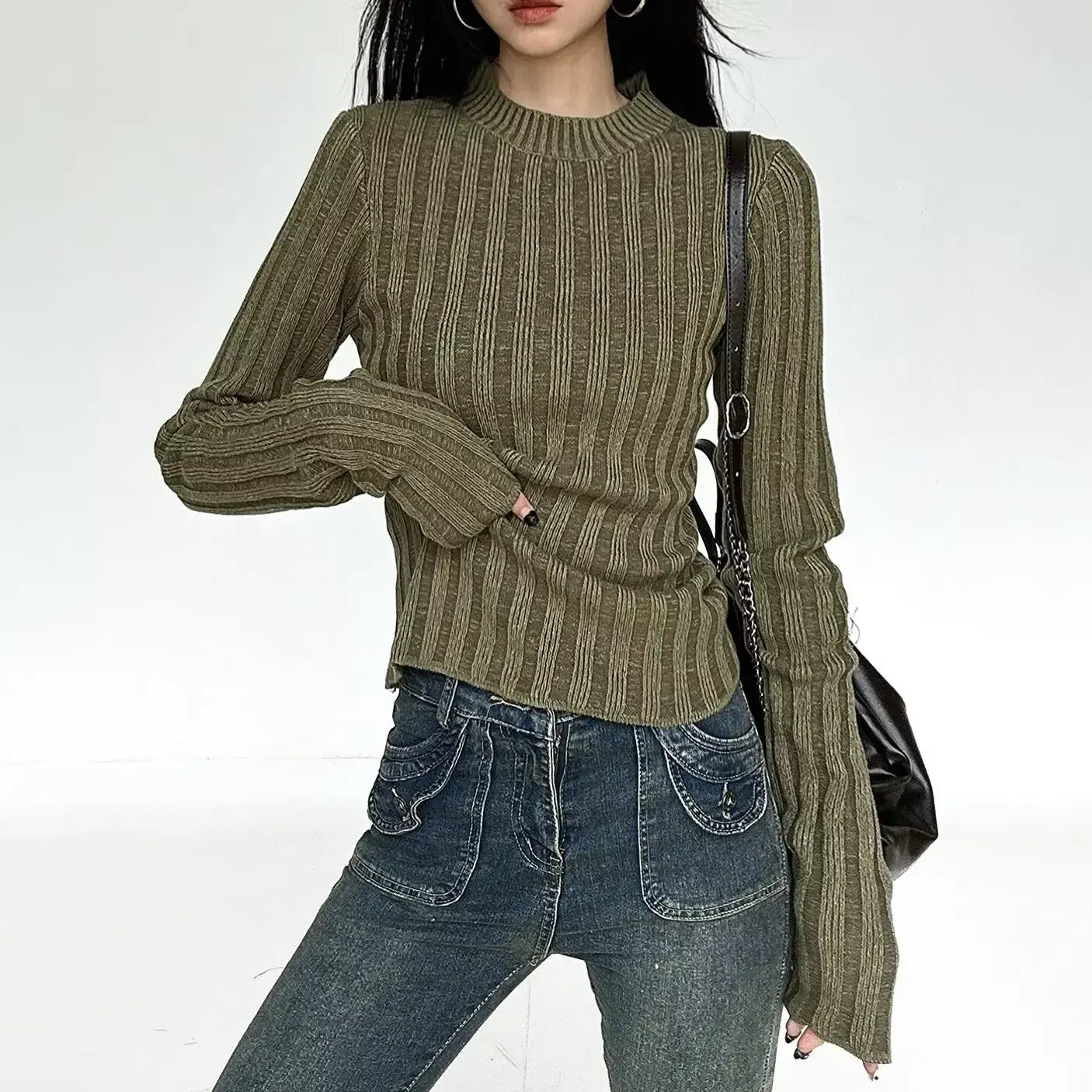 Chic Round Neck Long Sleeve Slim Fit Knitted Pullover