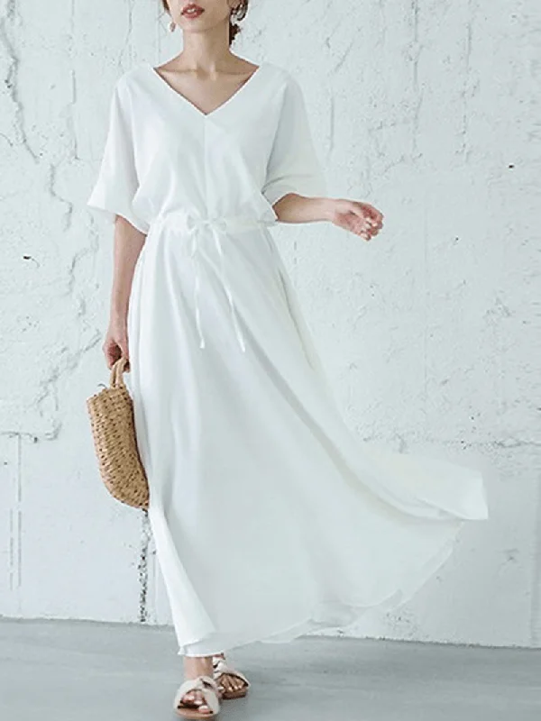 Solid Color V-Neck Drawstring Waist Short Sleeve Maxi Dress