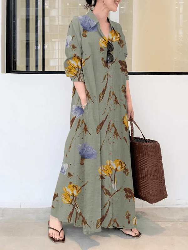 Floral Printed Lapel Collar Long Sleeve Button Split Hem Maxi Shirt Dress with Pocket