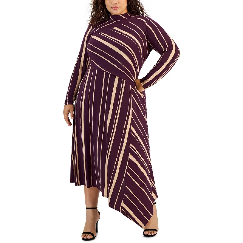 Taylor Womens Plus Striped Asymmetric Maxi Dress