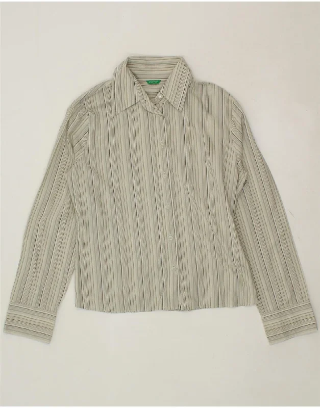 BENETTON Womens Shirt UK 14 Large Green Striped Cotton