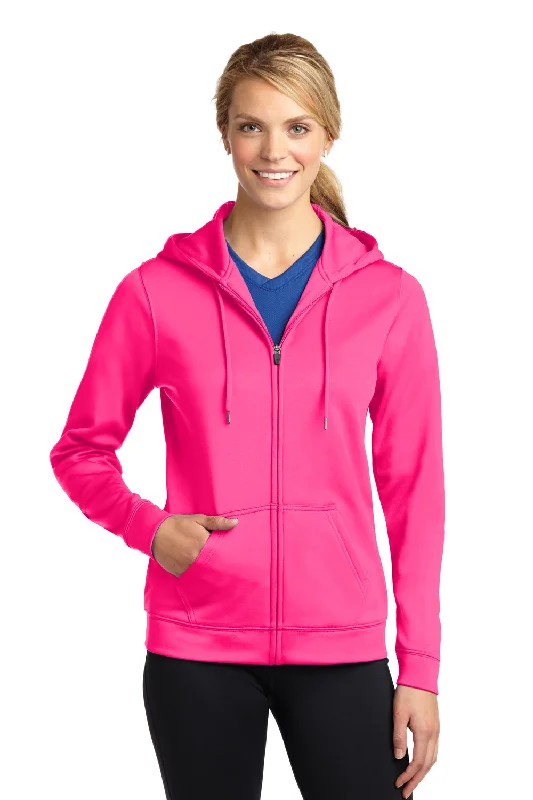 Sport-Tek Womens Sport-Wick Moisture Wicking Fleece Full Zip Hooded Sweatshirt Hoodie w/ Pockets - Neon Pink - Closeout