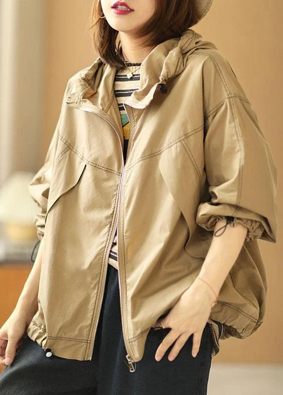 Boutique Khaki Loose Pockets Fall Hoodie Coat Long sleeve