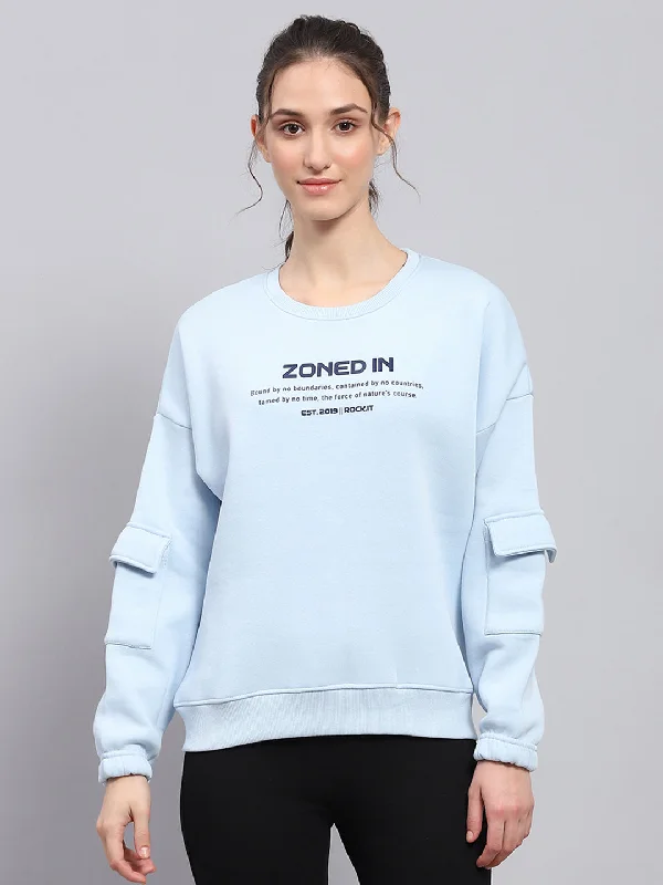 Women Sky Blue Printed Round Neck Full Sleeve Sweatshirt