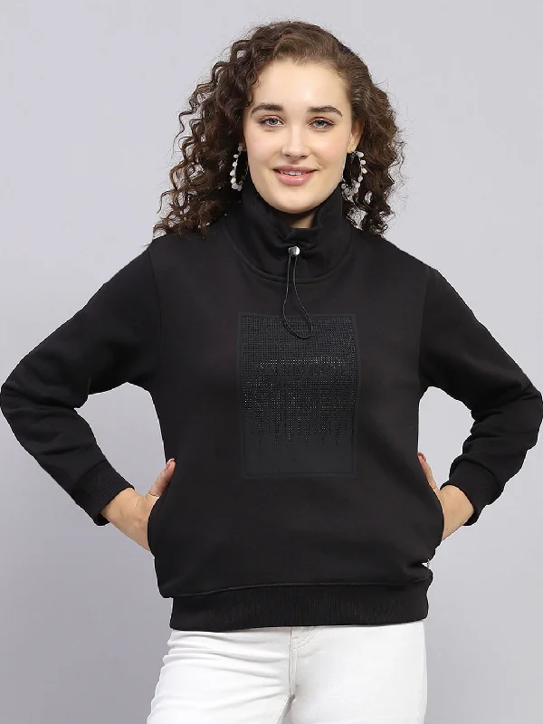 Women Black Printed High Neck Full Sleeve Sweatshirt