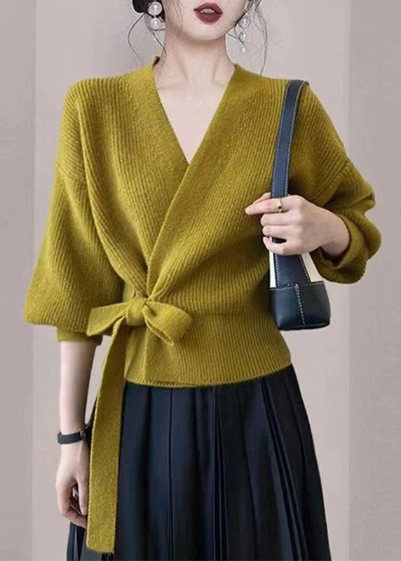 Modern Green V Neck Tie Waist Wool Knit Cardigan Spring