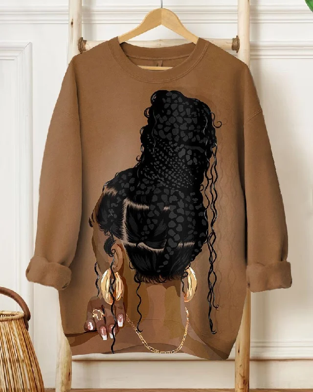 Gold Earrings Braid Brown Women Long Sleeve Sweatshirt