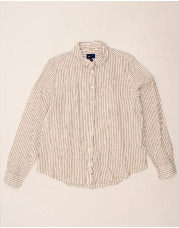 GANT Womens Shirt UK 14 Large Beige Pinstripe Linen