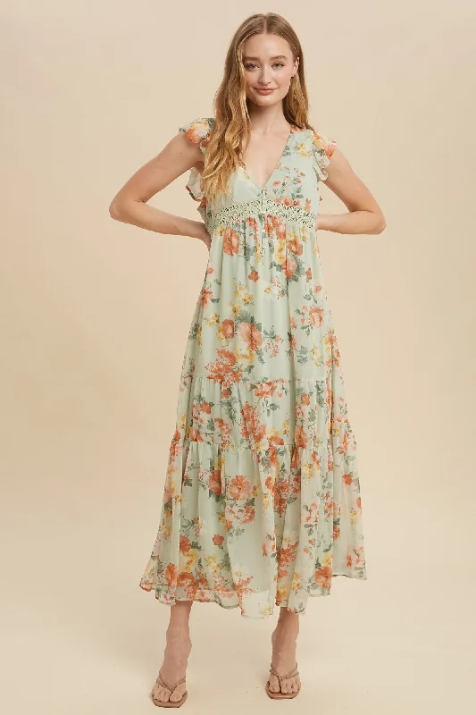 Green Tea Floral Chiffon Flutter Sleeve Maxi Dress