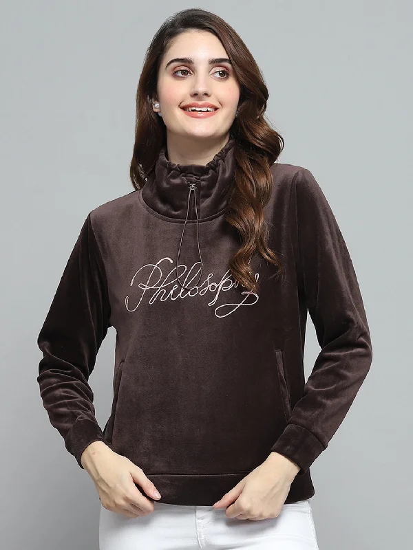 Women Brown Self Design Mock Neck Full Sleeve Sweatshirt