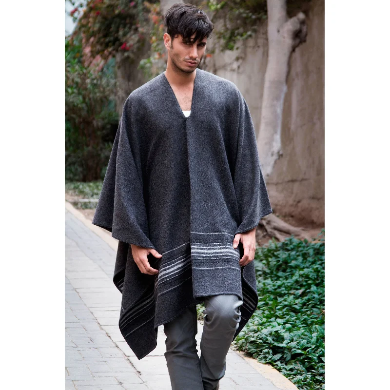 Gray Nazca Striped Men's Alpaca Poncho