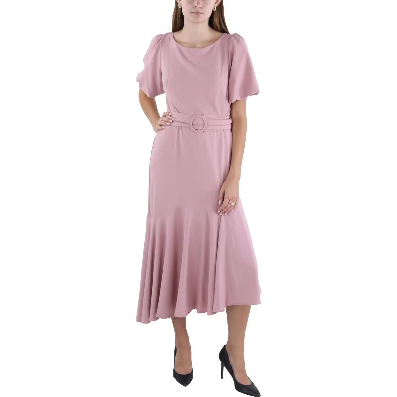 Taylor Womens Puff Sleeve Tea-Length Maxi Dress