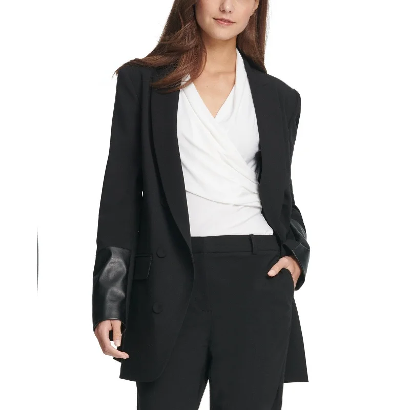 DKNY Women's Faux Leather Cuff Double Breasted Blazer Black Size 4