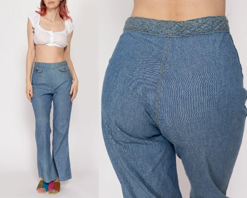 XS 70s Boho Woven Waist Flared Chambray Jeans