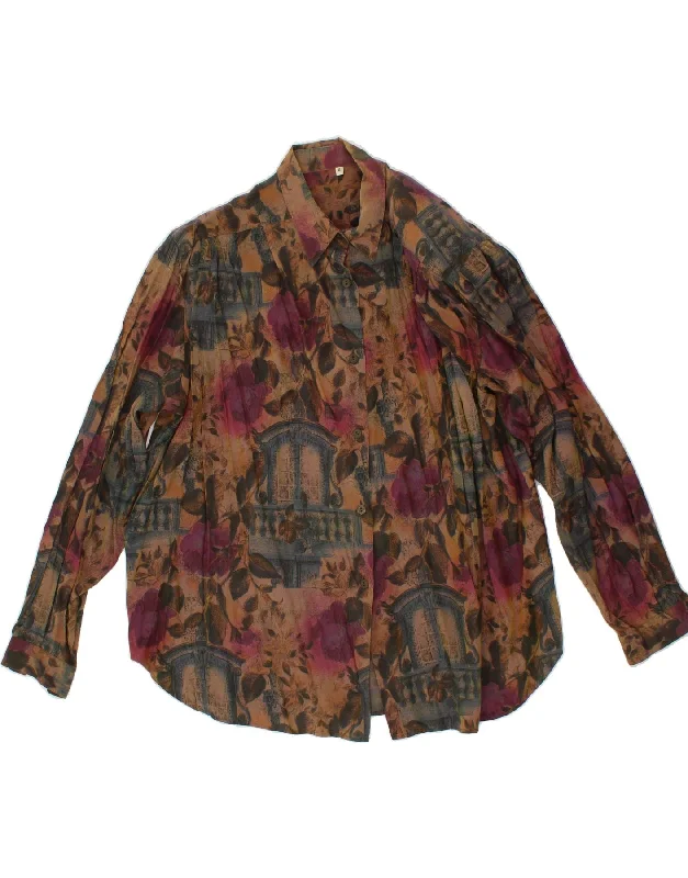 VINTAGE Womens Shirt Blouse UK 14 Large Brown Floral Acetate