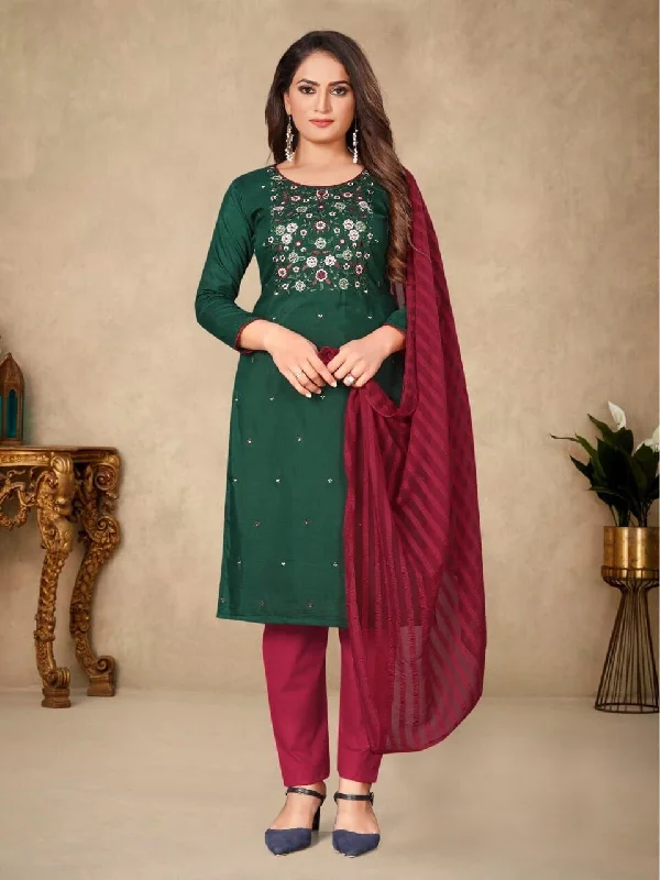 Dark Green Designer Parapara Cotton Readymade Suit